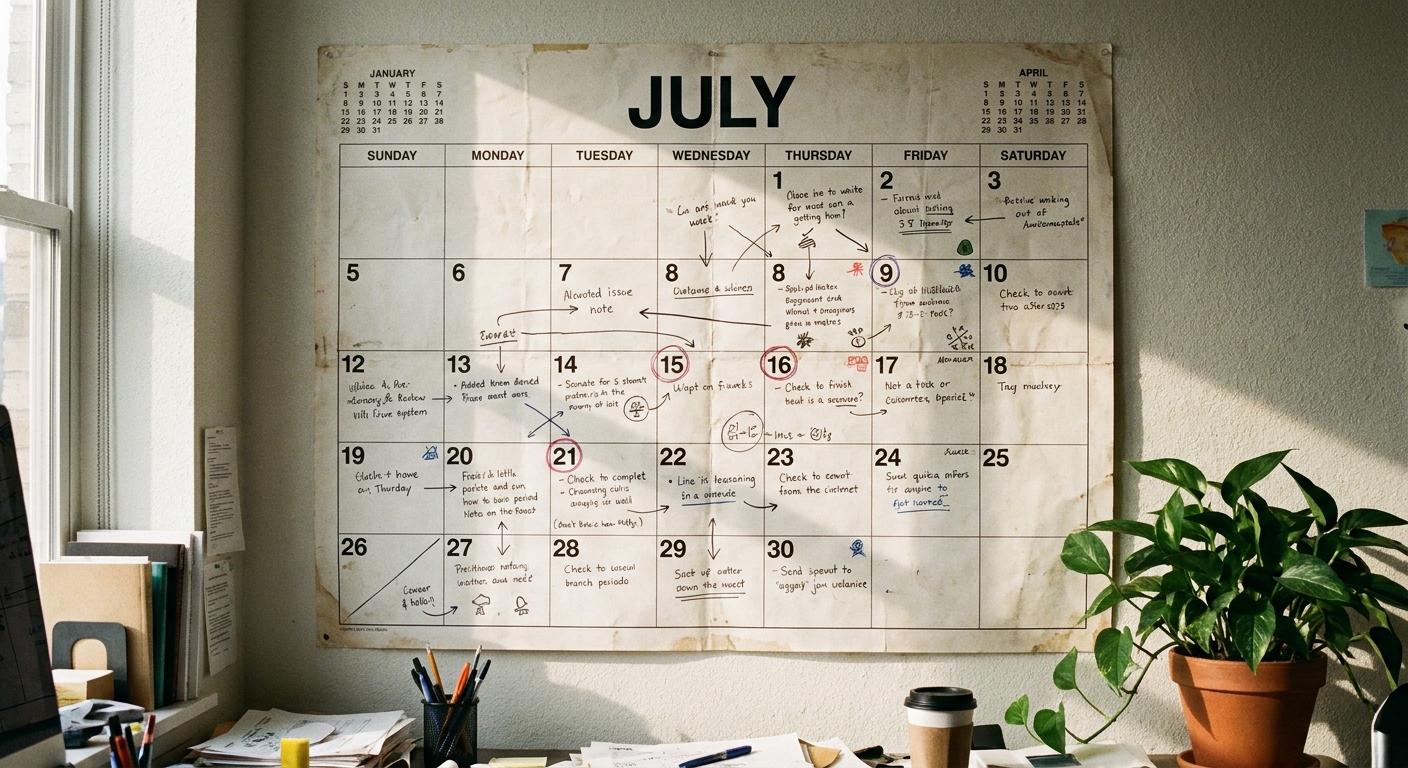 A July calendar page on a wooden desk with notes, a coffee cup, and a pen — closing out the month