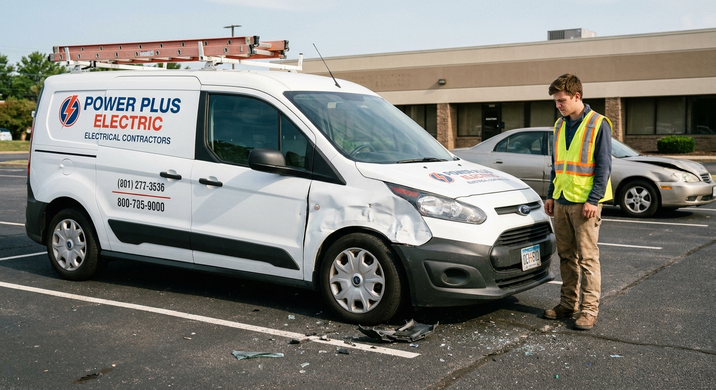 Smashed electrical contractor service van after a parking lot collision with apprentice driver looking concerned