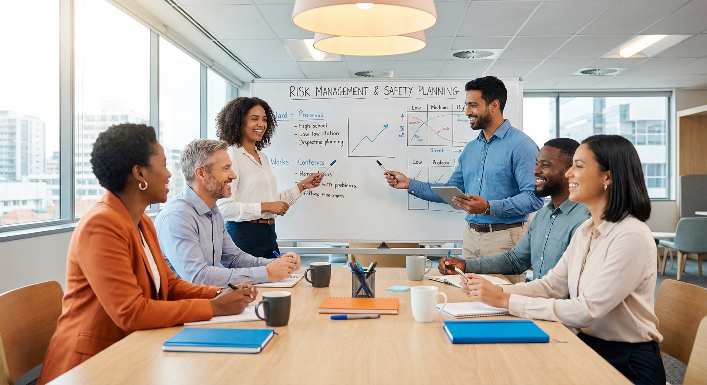 Small business team implementing risk management strategies to lower insurance premium costs