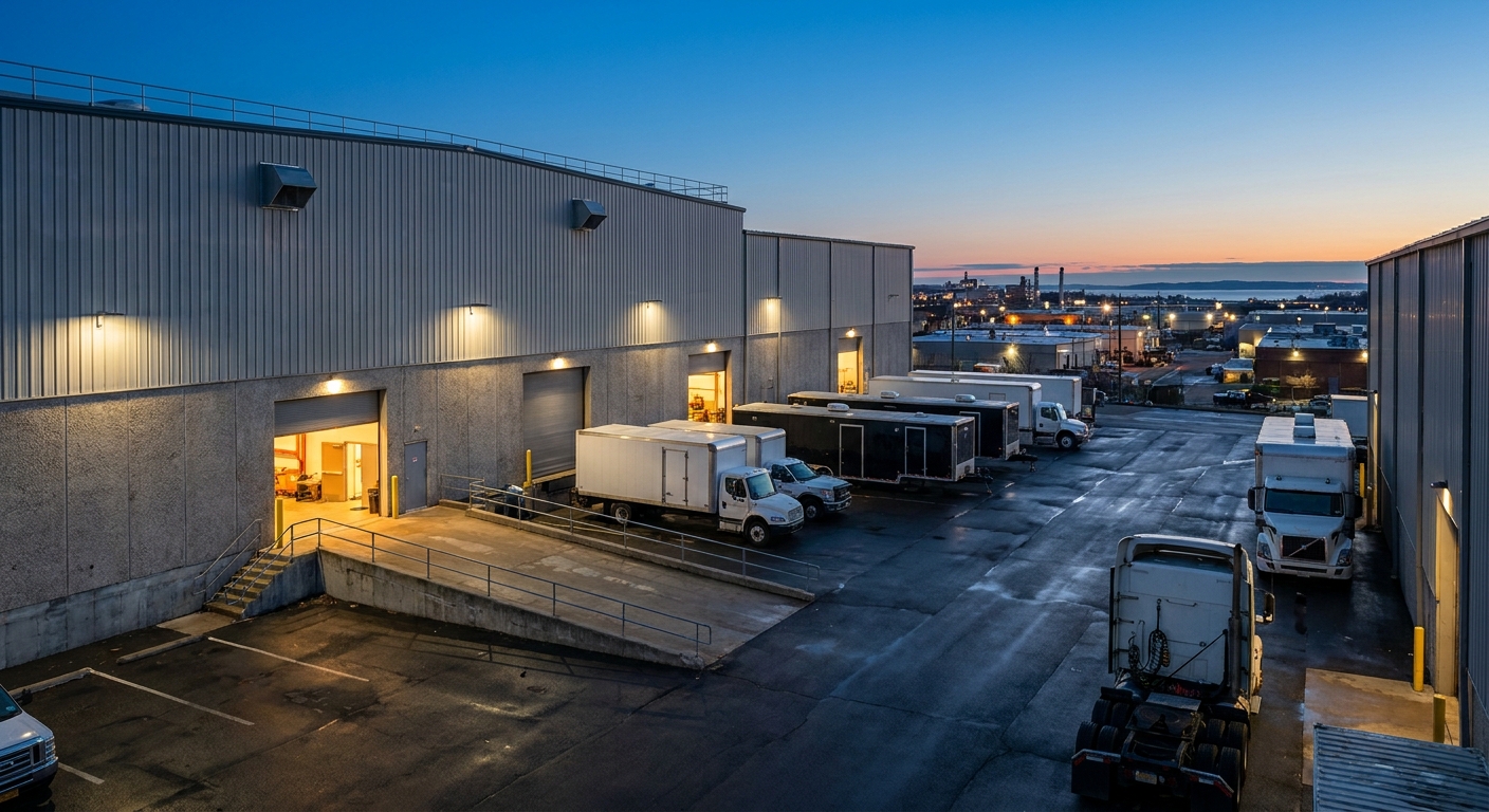 Modern film production studio exterior at dusk in Connecticut with production trucks and grip trailers parked outside