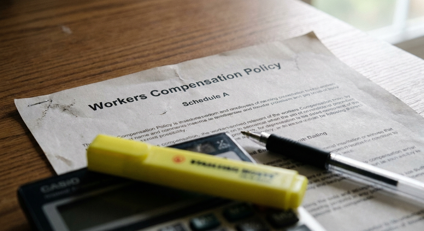 Close-up of a Connecticut workers compensation insurance policy showing class codes, payroll figures, and experience modifier values used to calculate annual premium