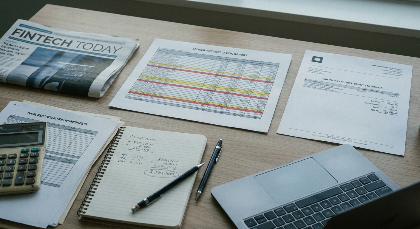A fintech founder's claim documentation showing a ledger reconciliation report, a partner-bank settlement statement, and handwritten reconciliation worksheets