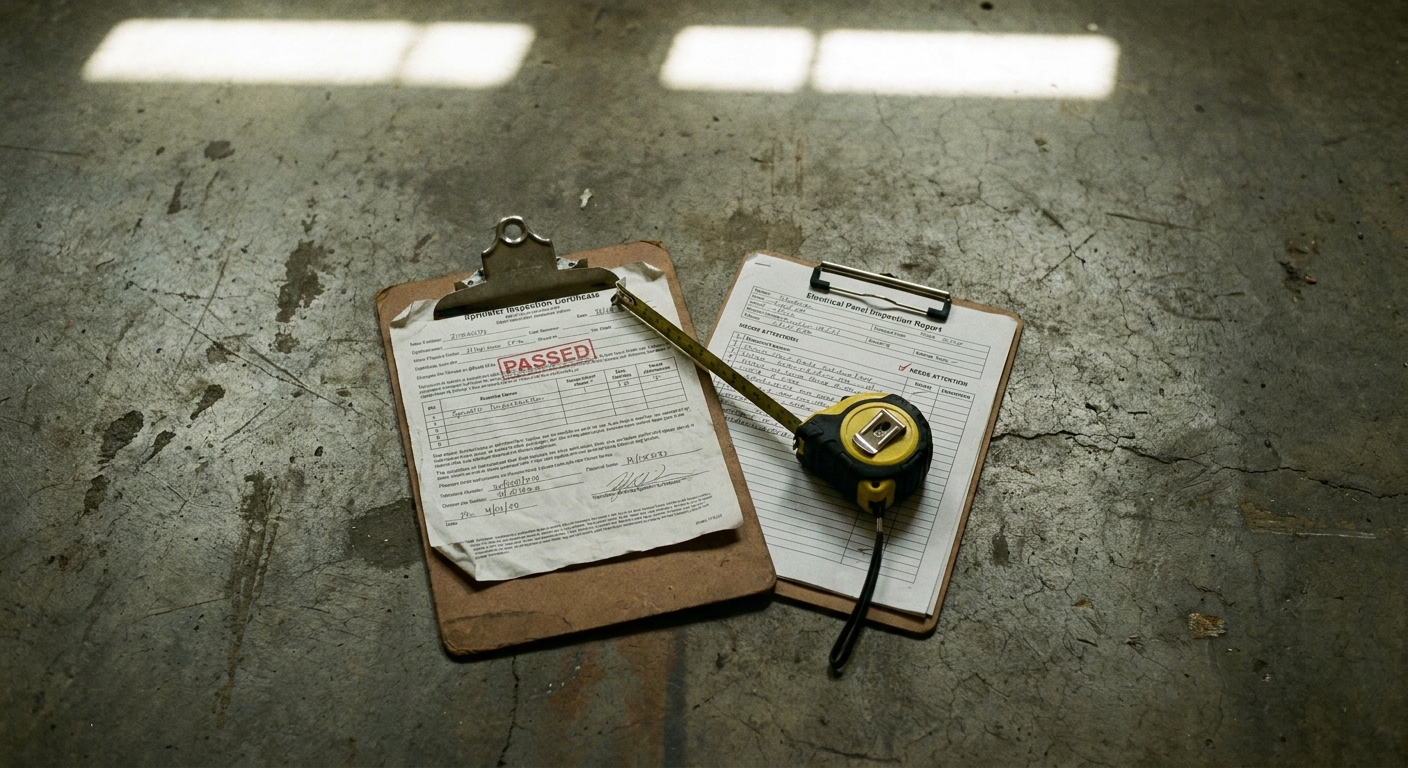 A building inspector's clipboard with a sprinkler inspection certificate, electrical panel report, and a tape measure on an industrial concrete floor