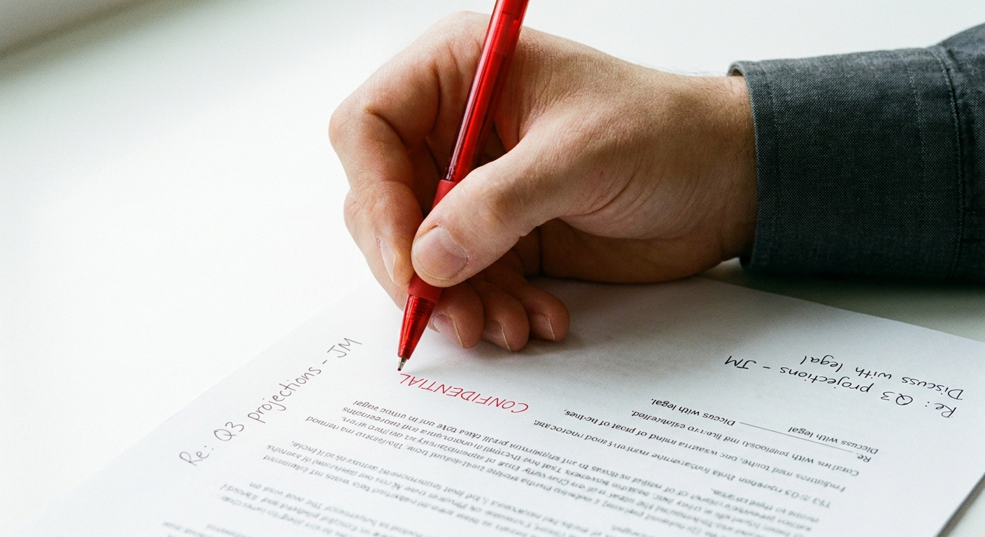 A close-up of a hand holding a red ballpoint pen, mid-writing on a paper document.