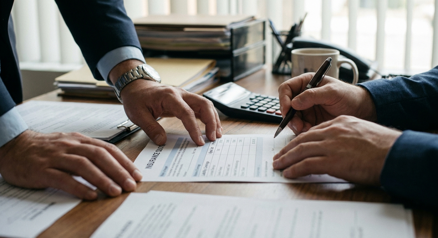 Close-up of hands reviewing line items on a printed dealer insurance quote at an office desk