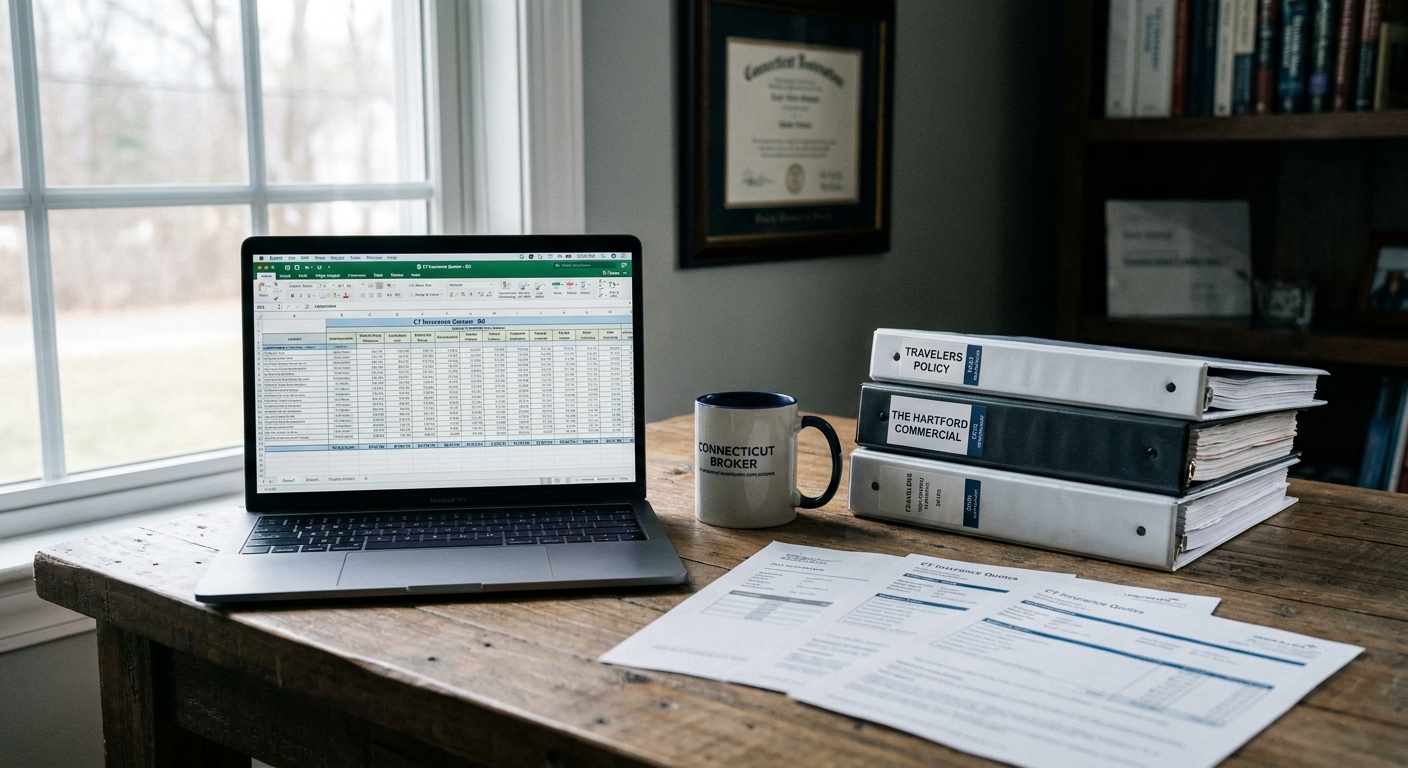 A professional insurance broker's office workspace with laptop, policy binders, coffee mug, and printed quote sheets on a wooden desk