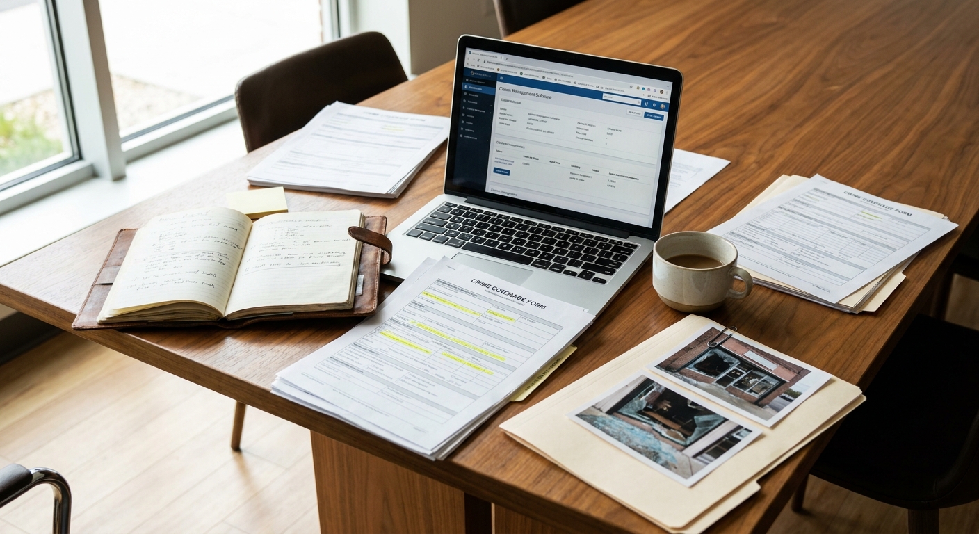 A claims adjuster's notebook, laptop, and Crime Coverage Form printout with highlighted sections on a conference table