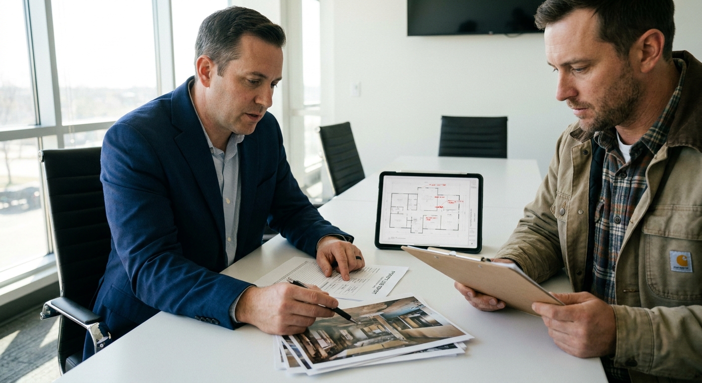 An insurance claims adjuster and a contractor reviewing damage photographs and a property loss report