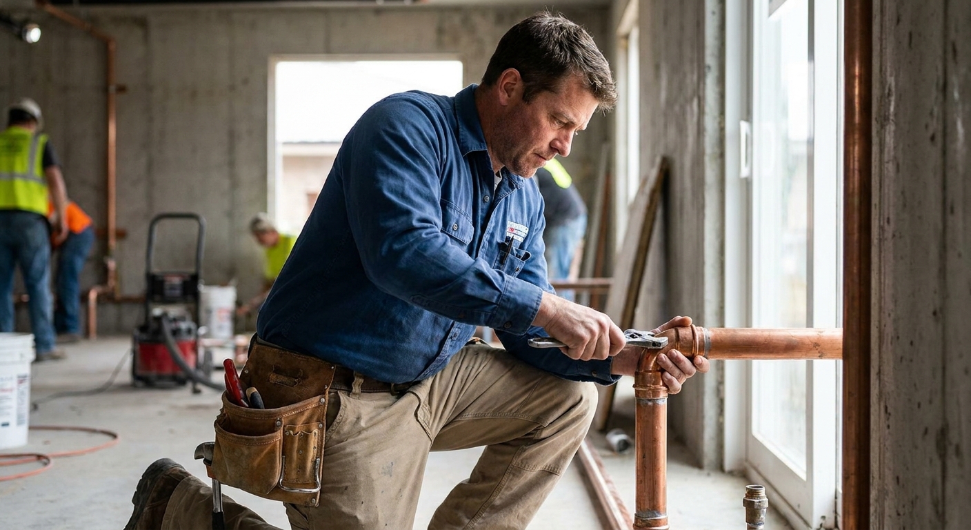 Professional plumber installing a commercial copper water line on a job site