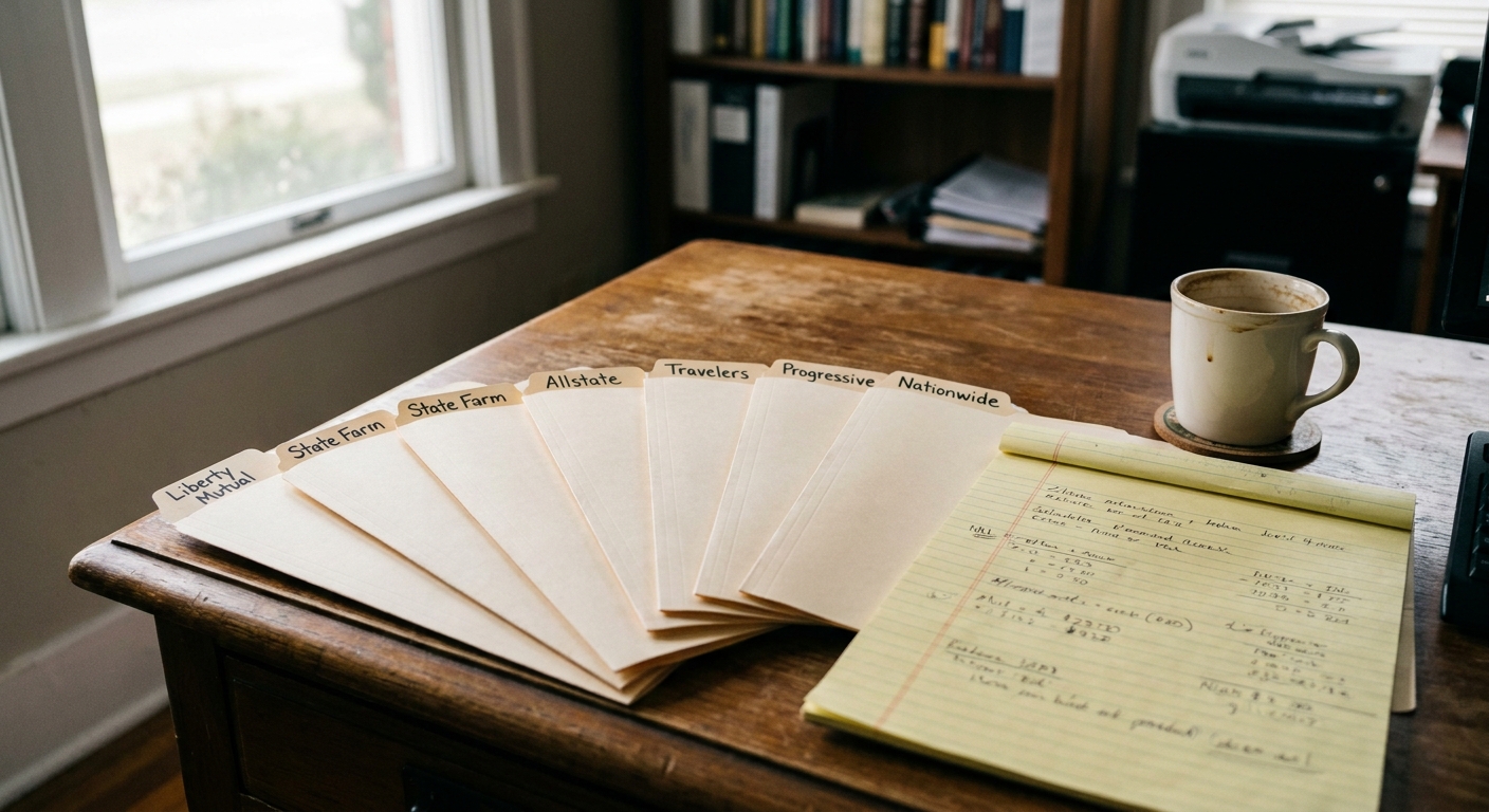 An insurance broker's desk with six folders fanned out, each labeled with a different carrier name