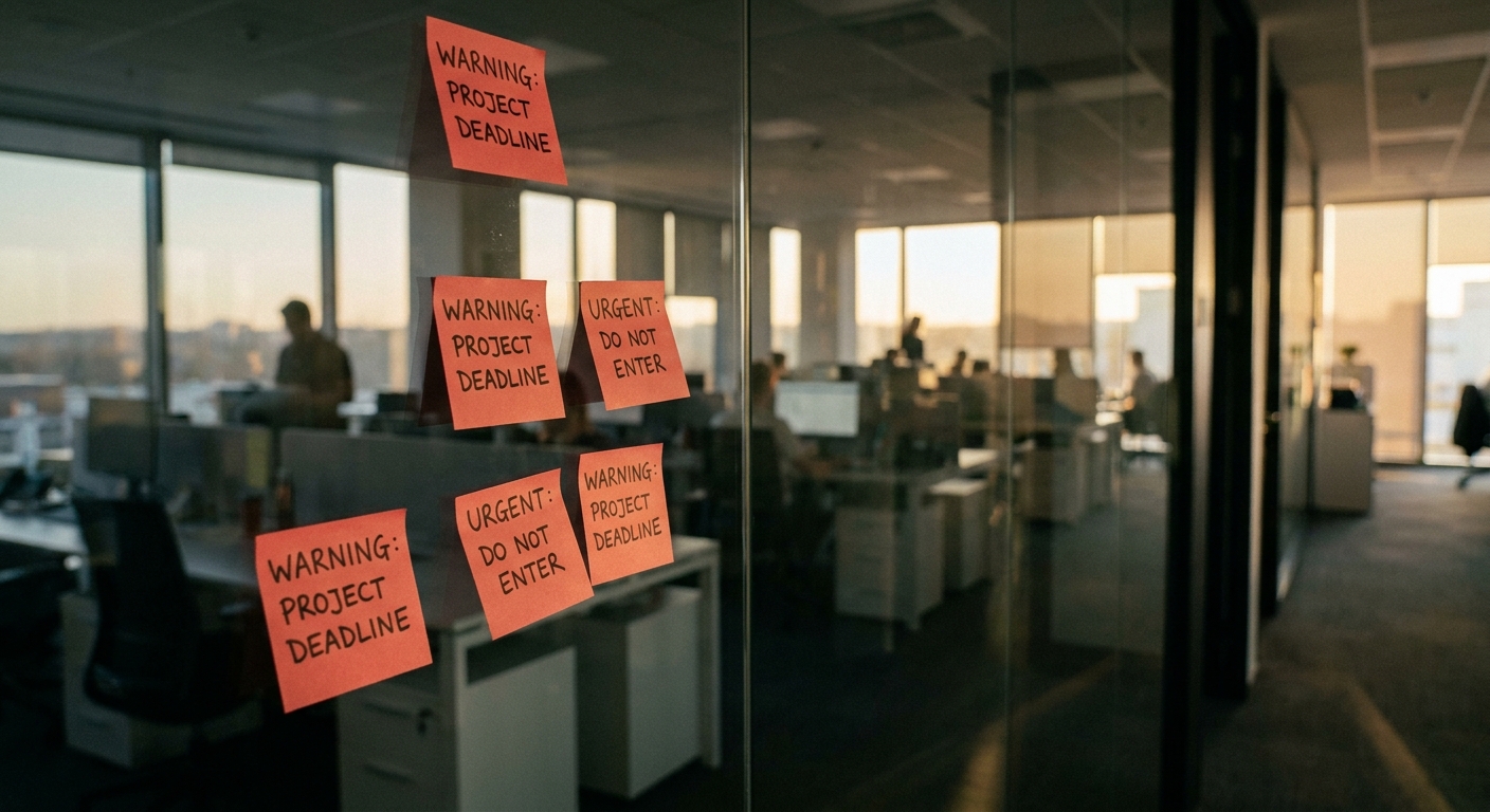 Red warning sticky notes on a glass office wall with the office workspace blurred in the background
