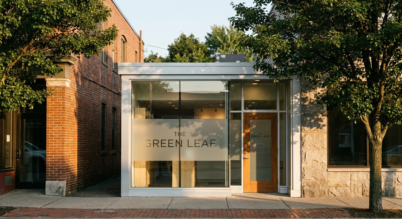 Modern Connecticut cannabis dispensary storefront exterior in a New England commercial district