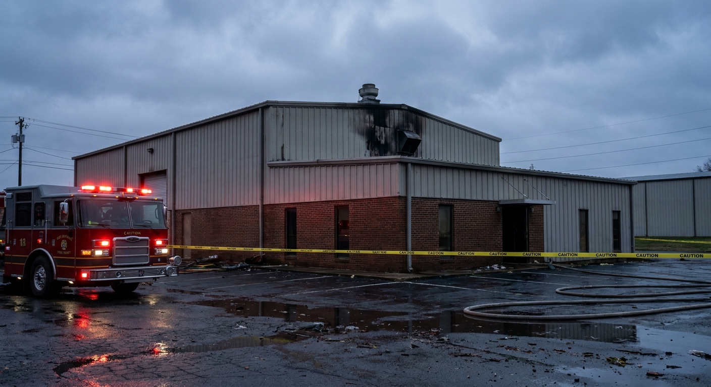 The aftermath of a small industrial building fire — emergency response on a wet parking lot at dawn