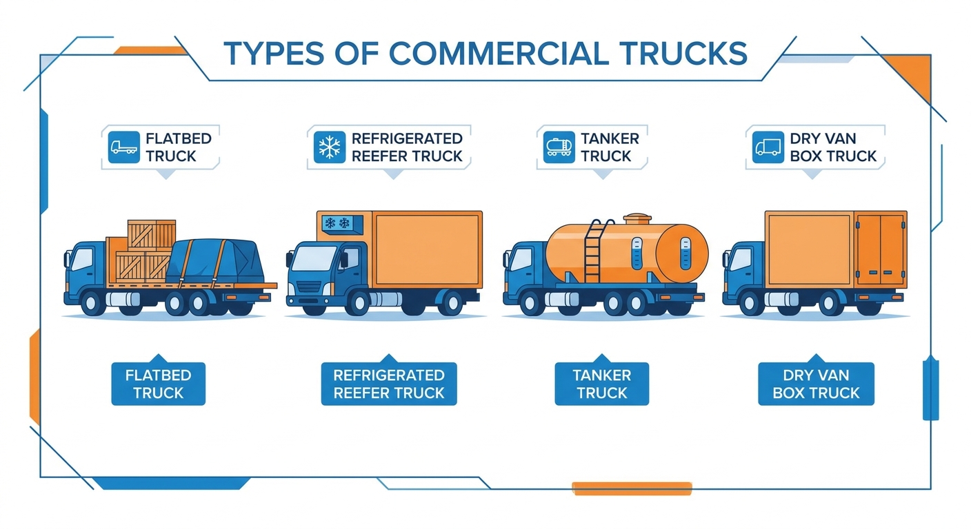 Different types of commercial trucks including flatbed, reefer, tanker, and dry van