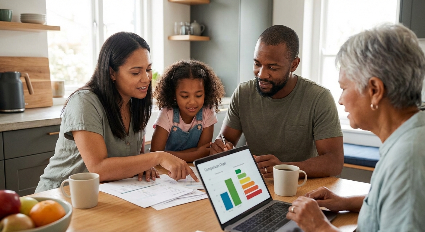 Family reviewing flood insurance options at their kitchen table with documents and laptop