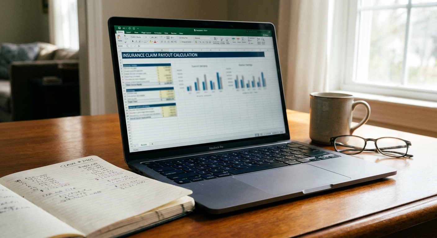An insurance claim payout calculation visible on a laptop screen with handwritten notes beside it on a wooden desk — representing the cannabis product liability settlement calculation
