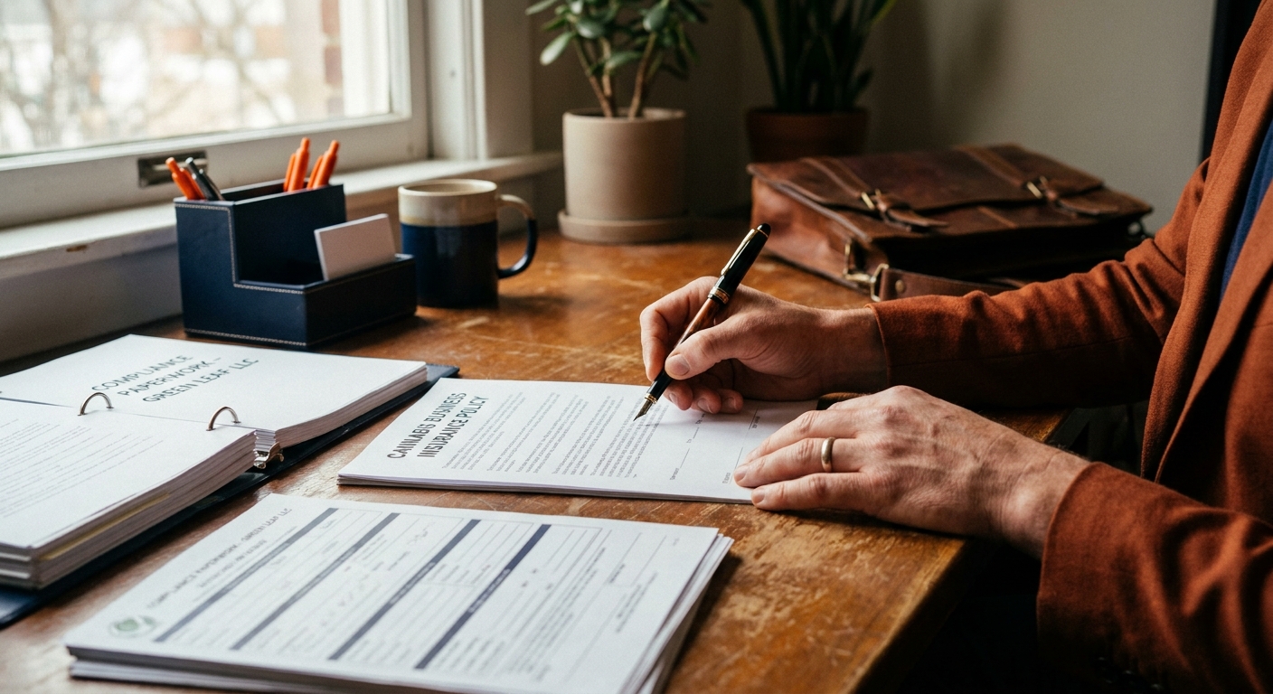 Hands signing a cannabis insurance policy document on a wooden desk with compliance binders nearby