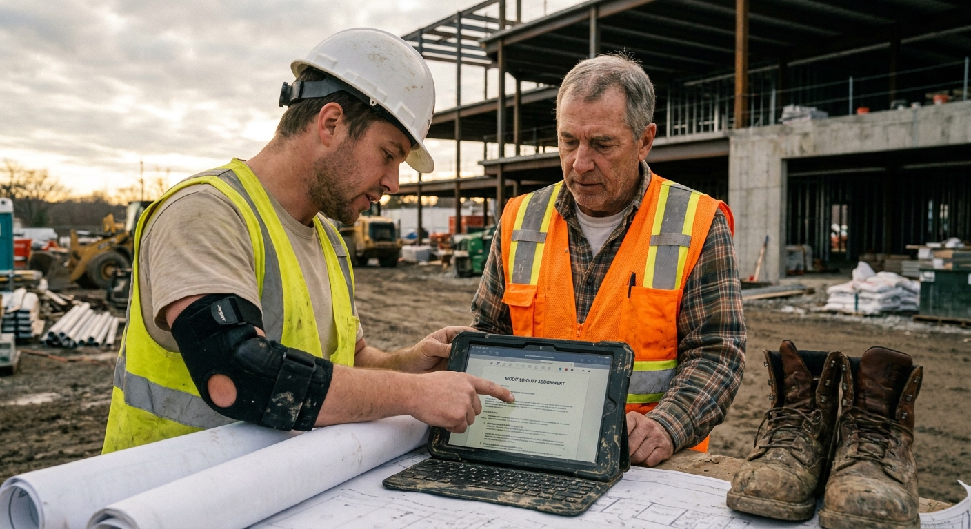 Connecticut construction supervisor reviewing modified-duty options with an injured worker on a tablet at the job site, demonstrating return-to-work program activation in the field