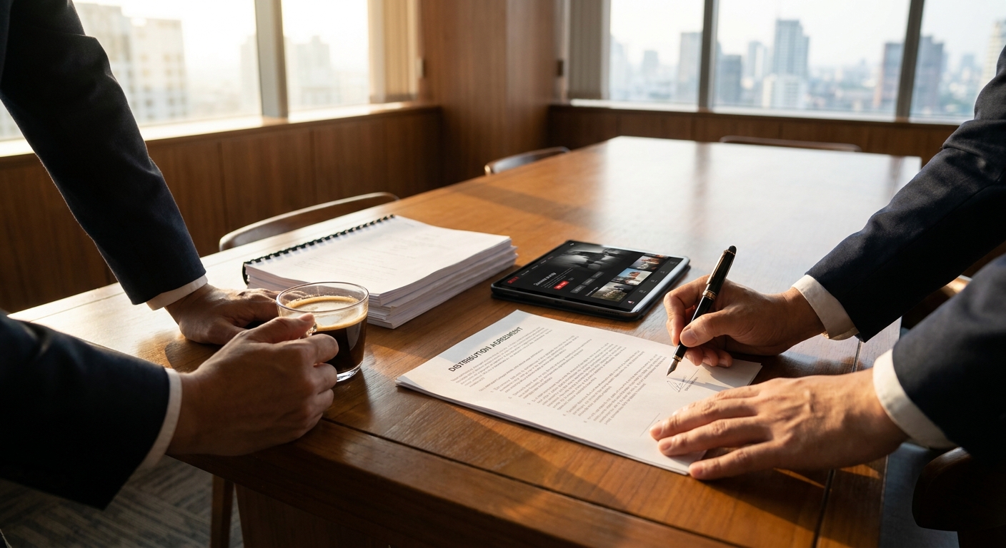 Two professionals signing a distribution agreement contract at a conference table with bound script materials and tablet showing a streaming interface