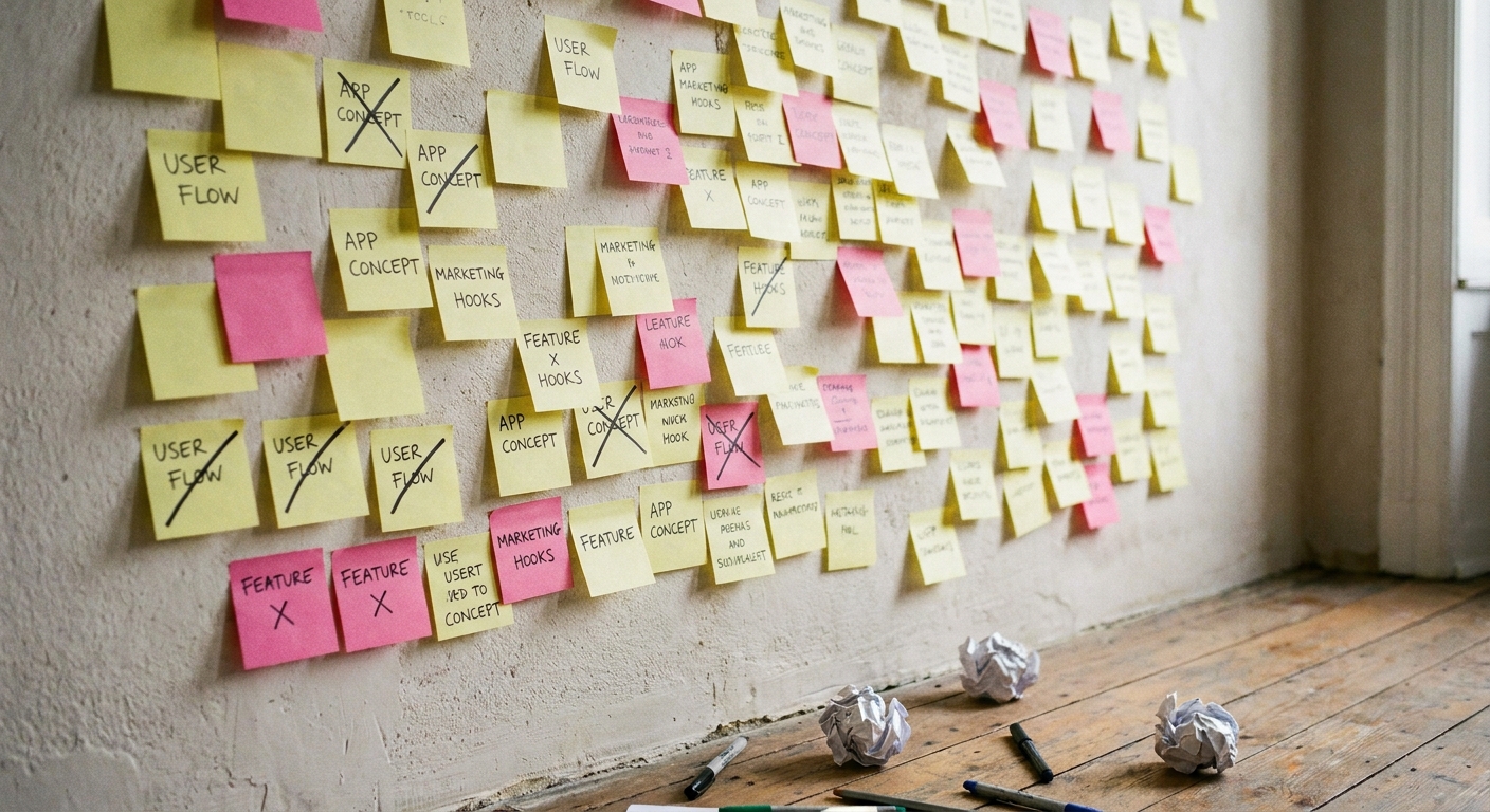 A wall of yellow and pink sticky notes covered in handwritten ideas, some crossed out.