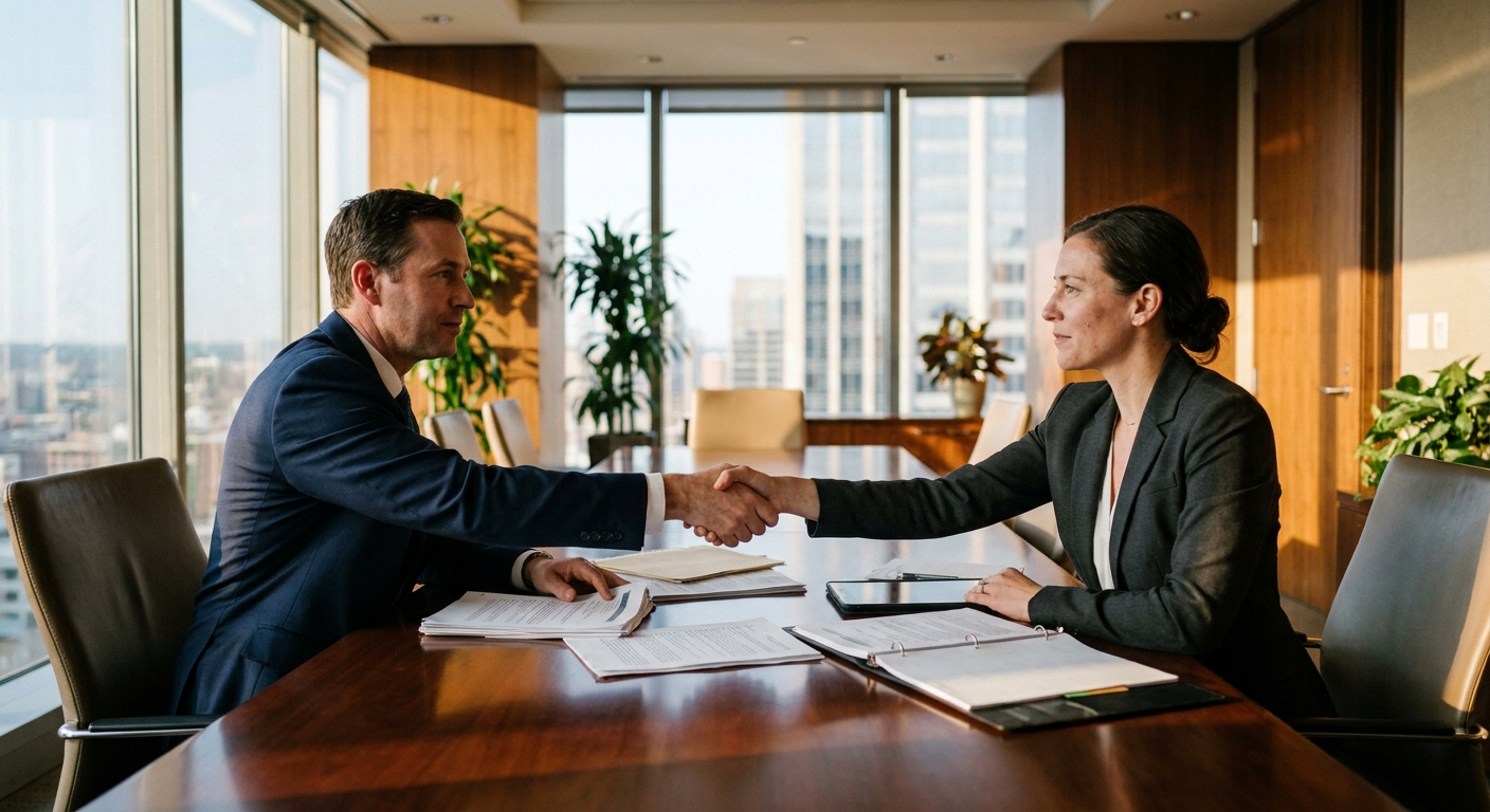 Two business executives shaking hands across a boardroom table