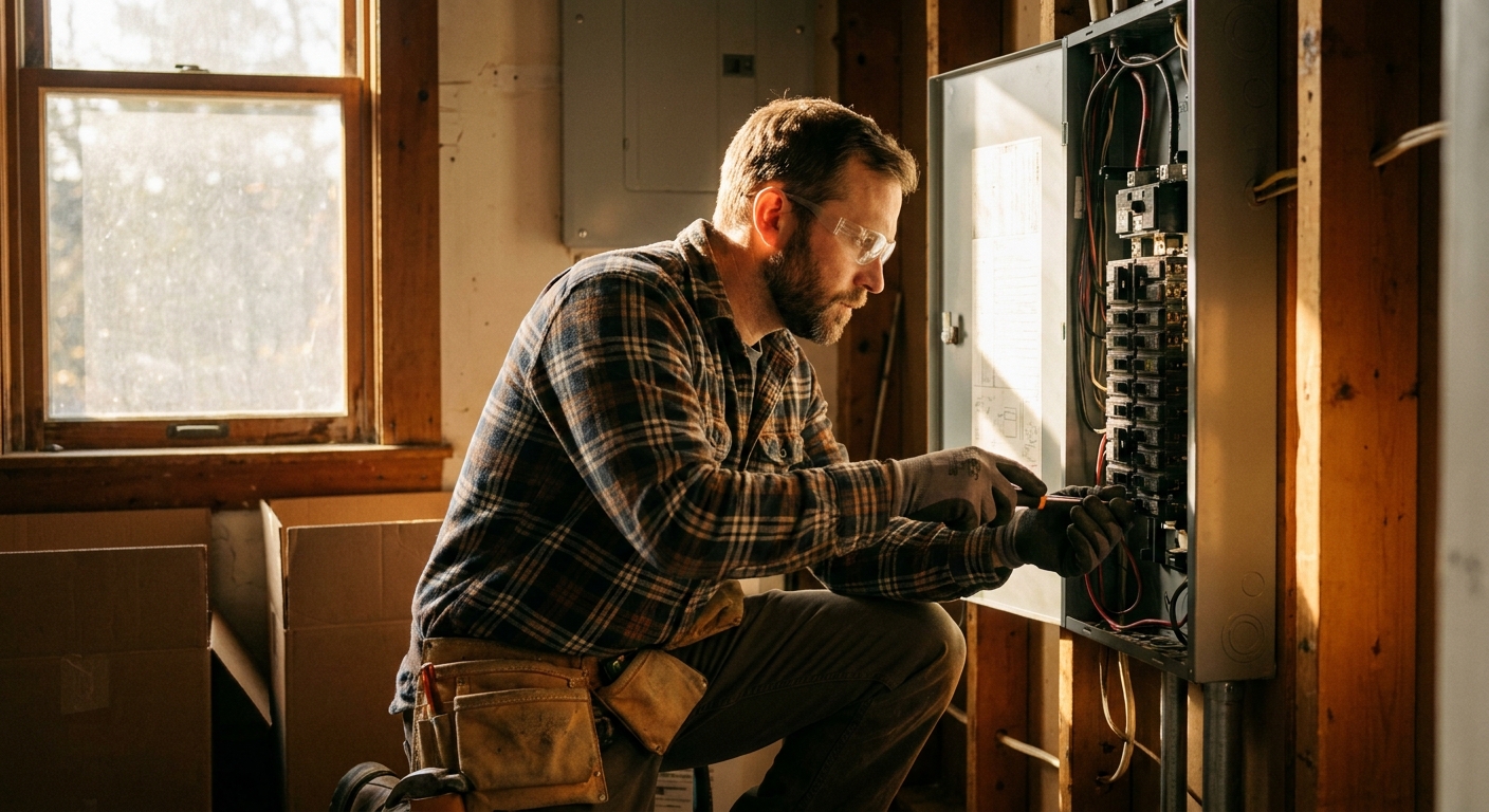 Connecticut electrician working on a residential electrical panel in a New England home, an example of trade work that may be misclassified at workers' comp audit