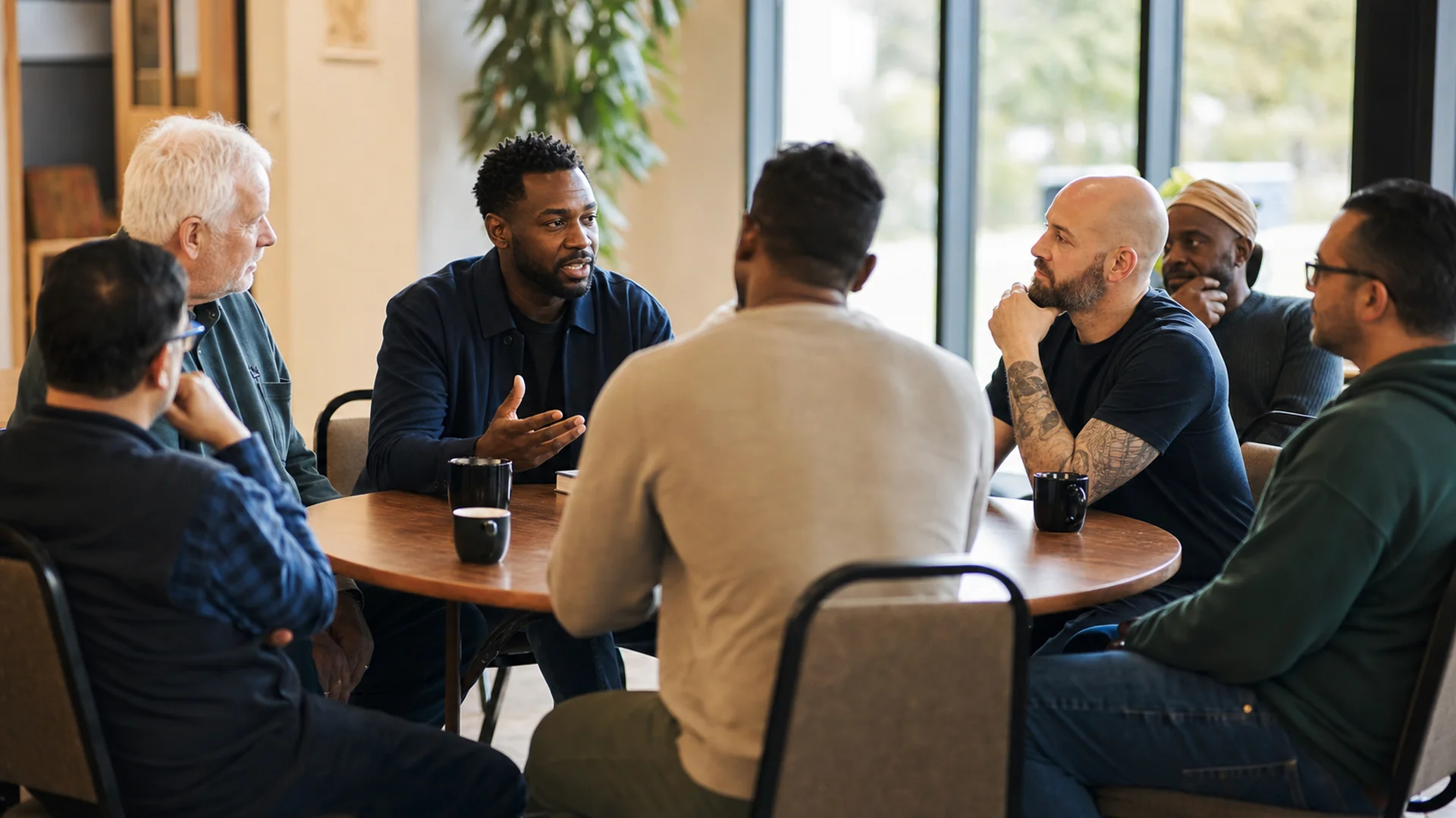 Men seated around a table in a supportive conversation about mental health and caregiving