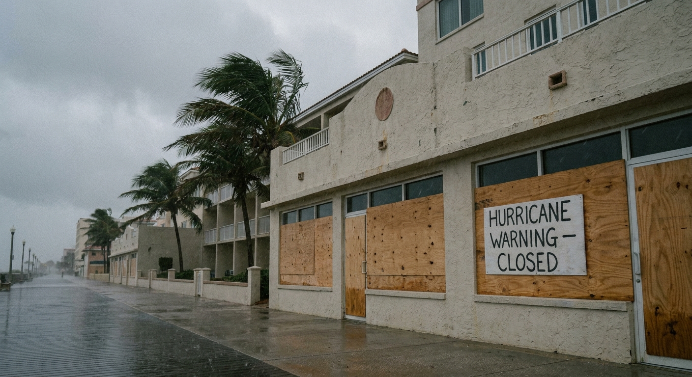 Coastal hotel windows boarded with plywood before an incoming hurricane
