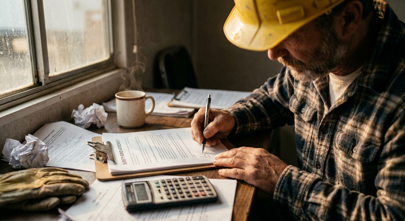 General contractor in a flannel shirt and hard hat signing a surety bond agreement inside a construction trailer
