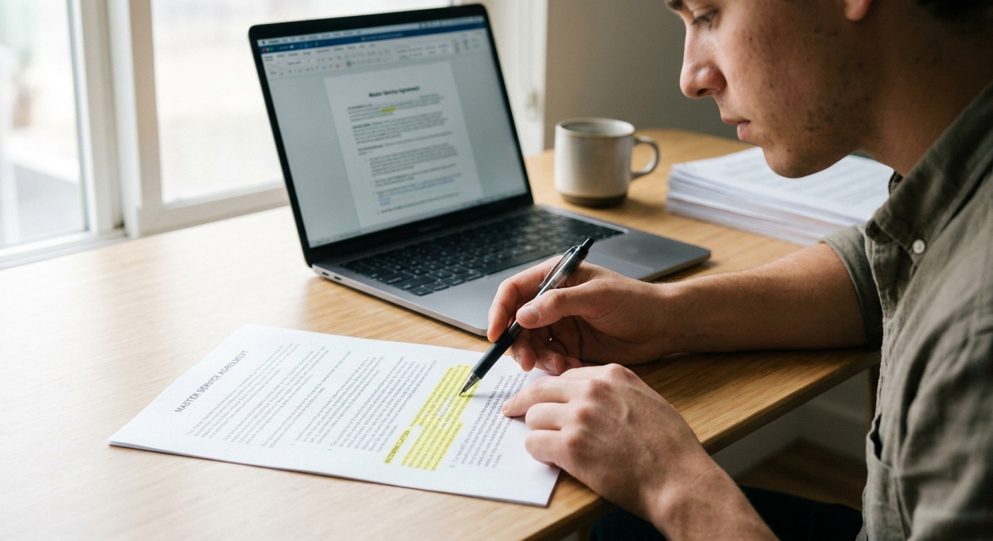 A SaaS founder carefully reviewing an indemnification clause in a printed Master Service Agreement at a desk with a laptop and contract drafts