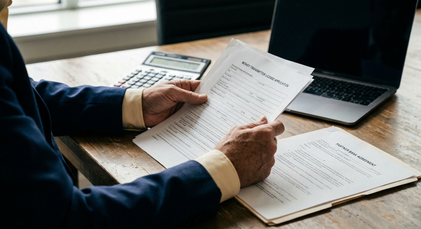 Close-up of hands reviewing a printed money transmitter license application and partner bank agreement on a wooden conference table