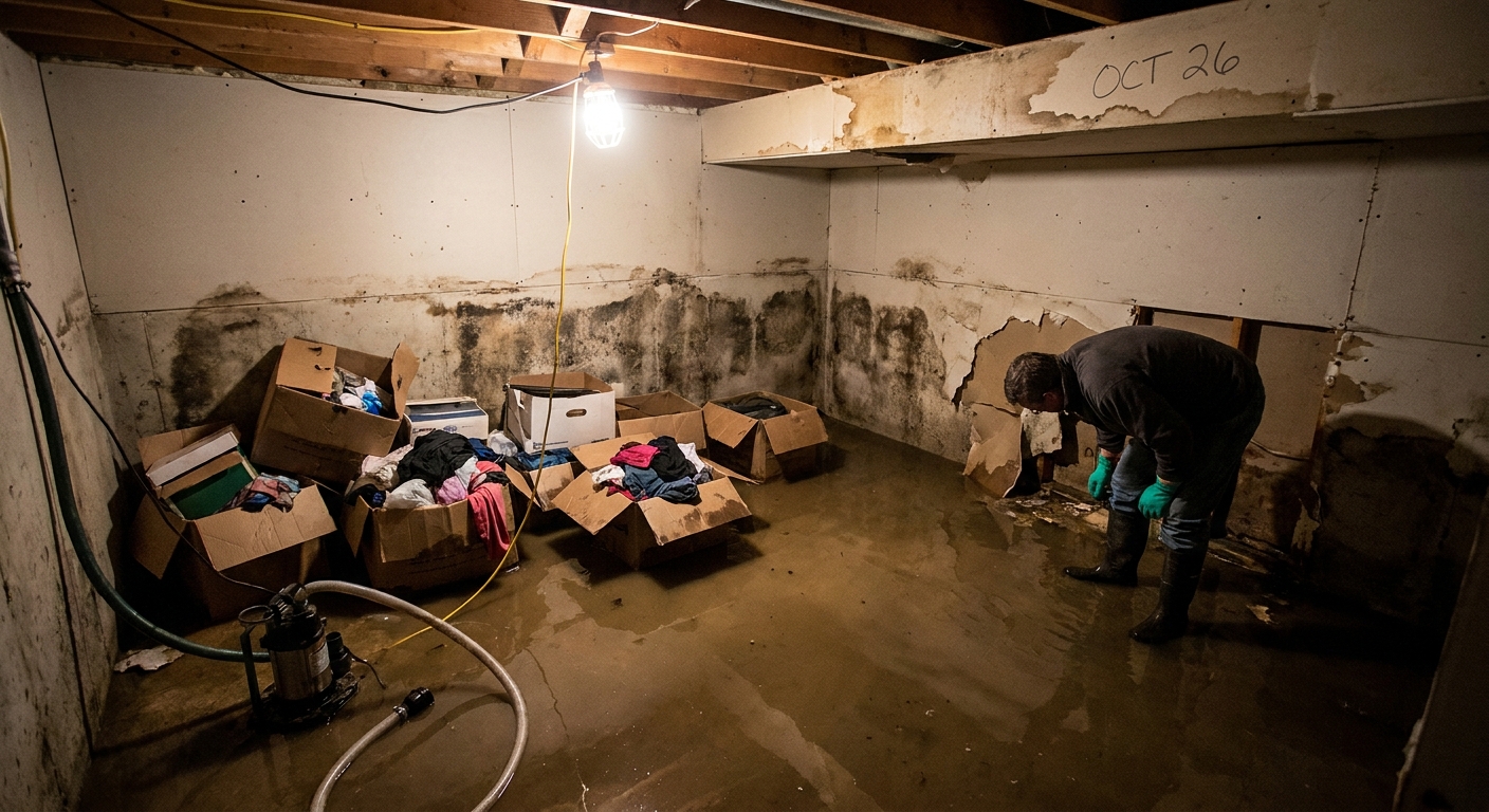 A flooded residential basement after a sewer backup, with damaged finished walls and standing water on the floor.