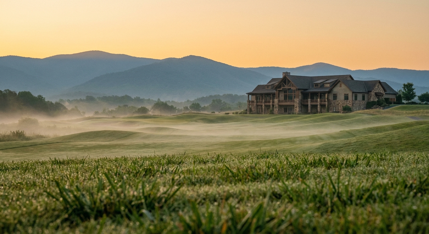 Resort golf course at sunrise with rolling fairways and distant clubhouse