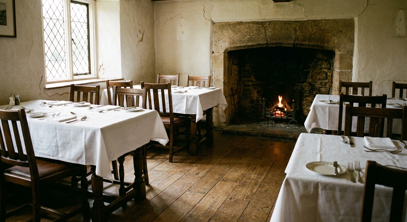 Historic inn dining room with wide plank wood floors, white linen tables, and a stone fireplace
