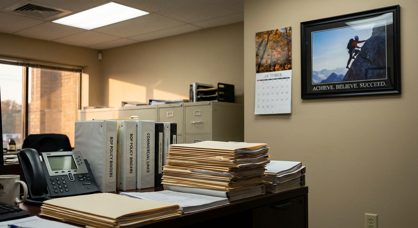 A standard insurance broker's office with stacks of generic BOP policy binders — representing the generalist market that doesn't fit cannabis exposures