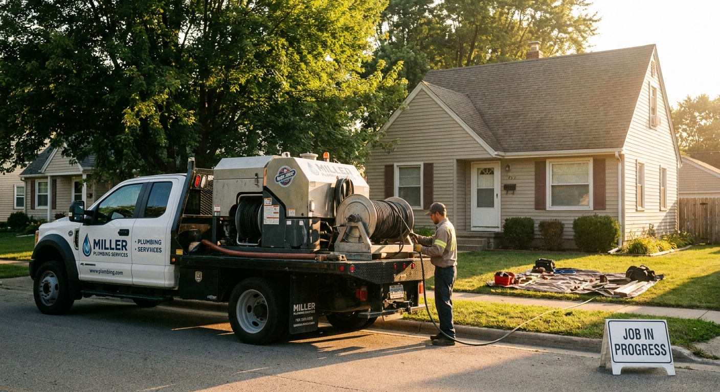 Plumbing service truck with truck-mounted hydro-jetter at a residential job site