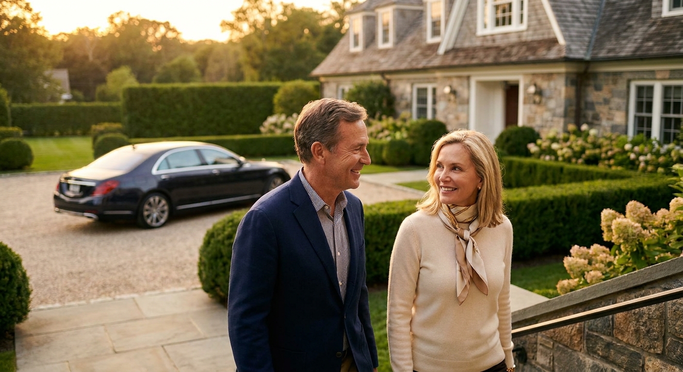 An affluent Connecticut couple at the steps of their estate home