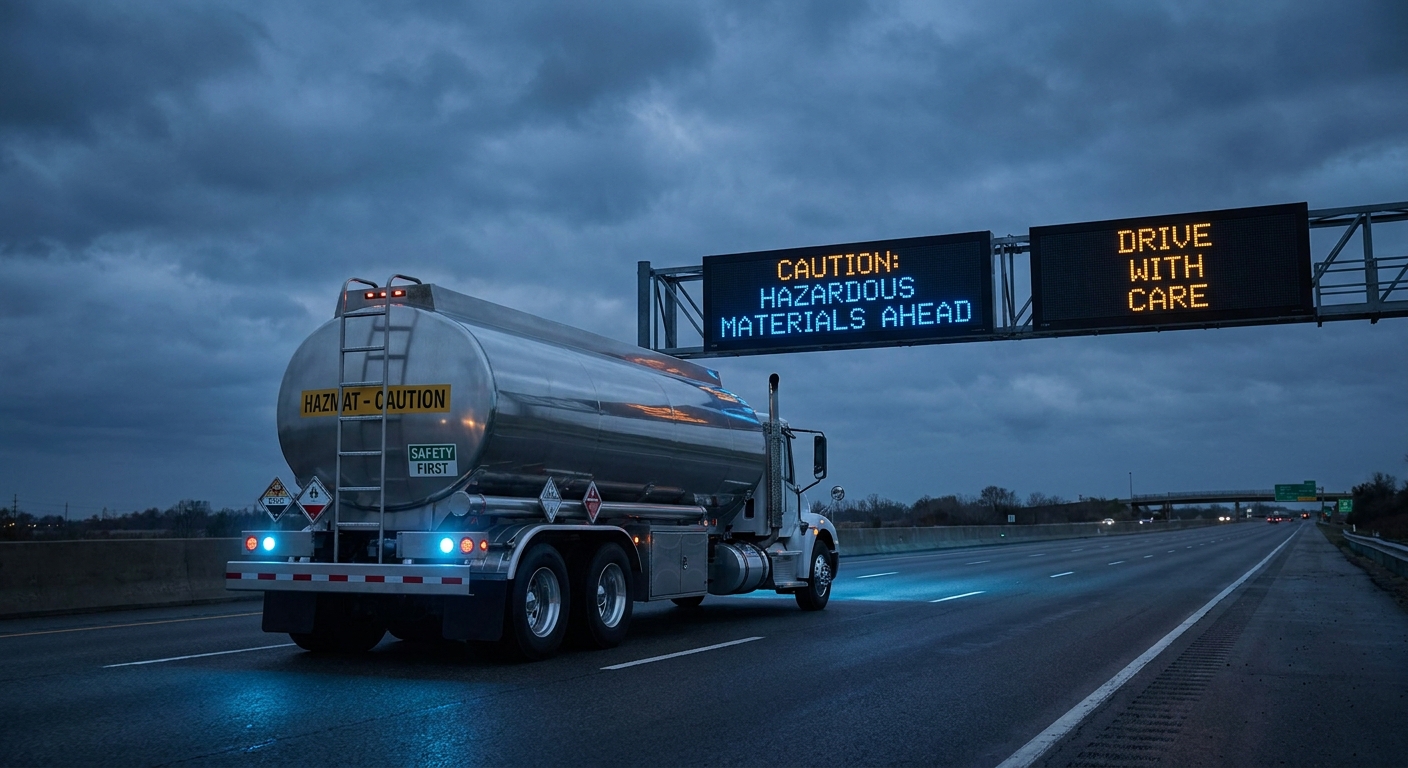 Hazmat tanker truck driving on a highway emphasizing safety and compliance