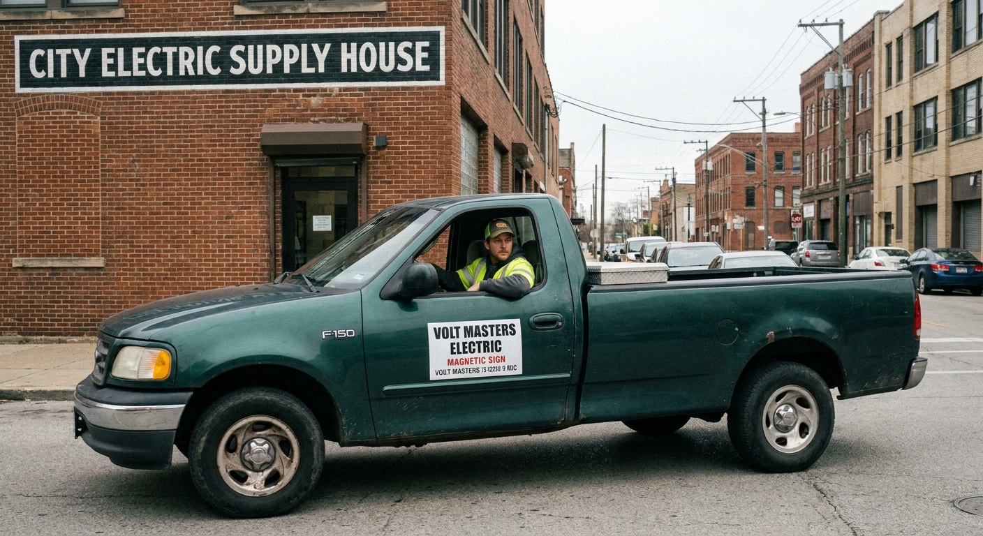 Electrical contractor's pickup truck driven by an employee at a parts supply house