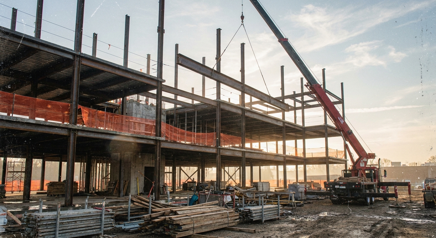 Mid-stage commercial construction project with exposed structural steel beams and scaffolding
