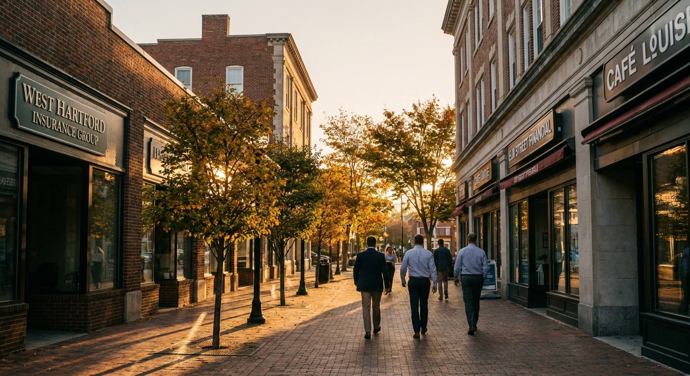 West Hartford Connecticut commercial street with small businesses in late afternoon light