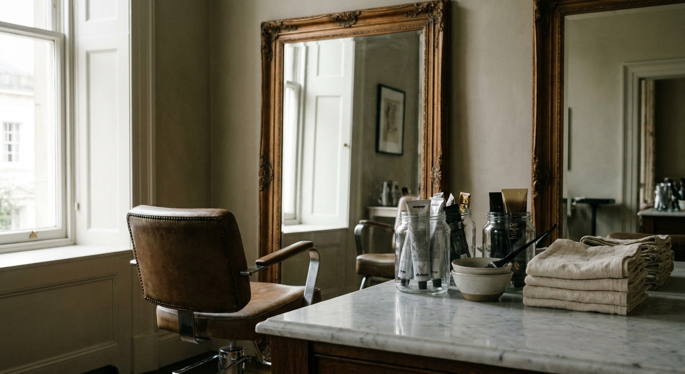 Hotel salon station with styling chair, mirror, and professional color products neatly organized on a marble counter