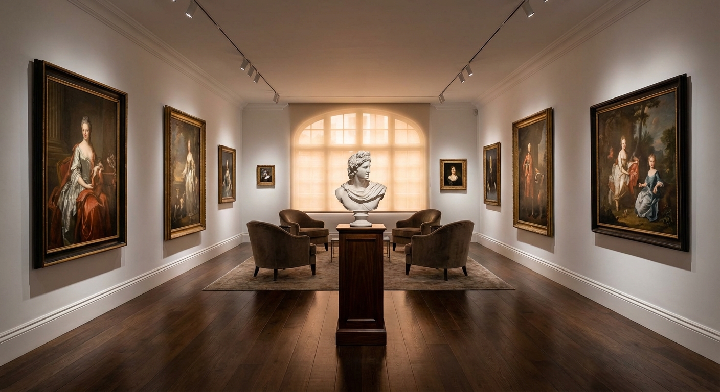 Elegant private art gallery with spotlit fine art paintings and marble sculpture