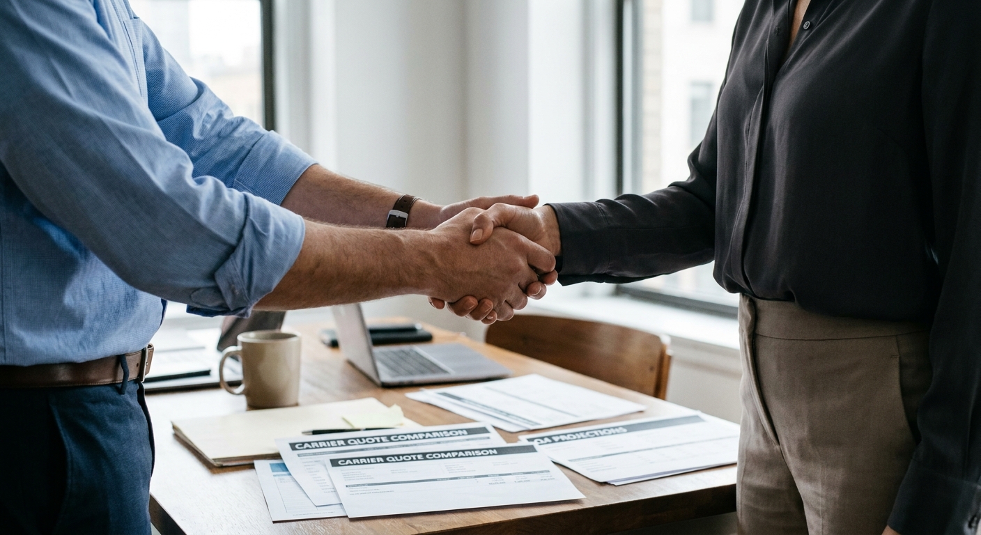 Handshake between a used car dealer and an insurance broker in a CT showroom signaling policy bind