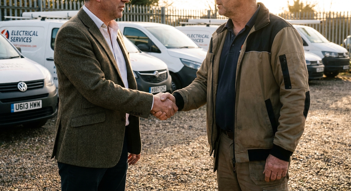 Electrical contractor and insurance broker shaking hands in front of a service van