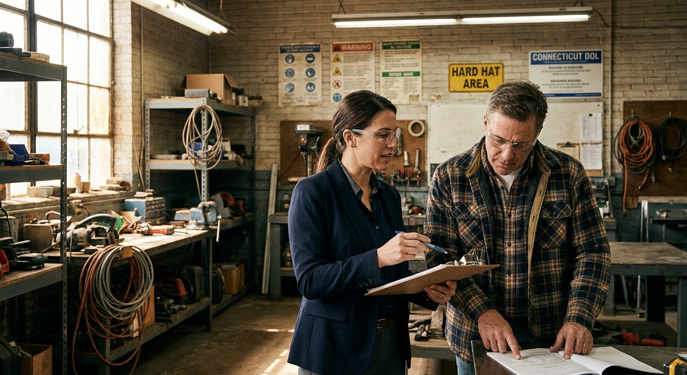 A Connecticut business owner reviewing workers compensation class codes with an independent insurance broker inside a Hartford workshop