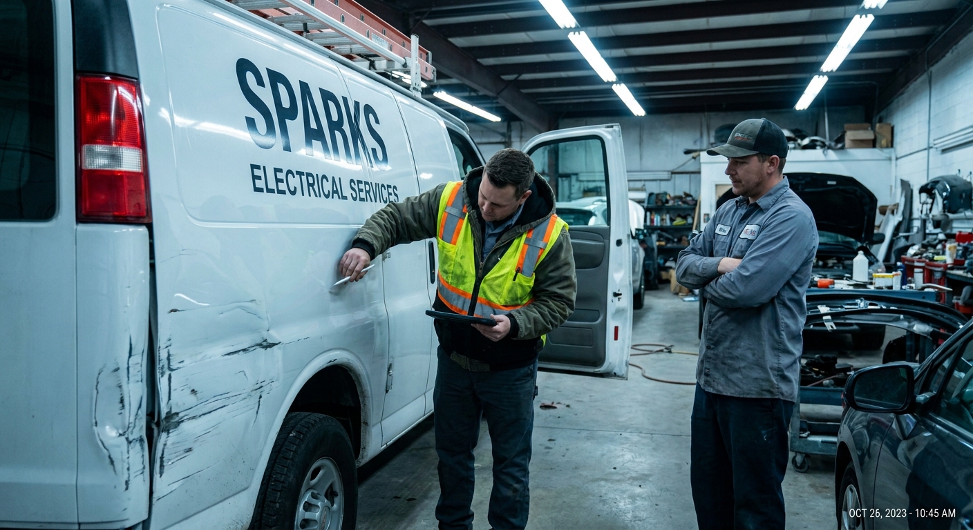 Travelers claims adjuster reviewing damage on a tablet next to an electrical contractor's service van