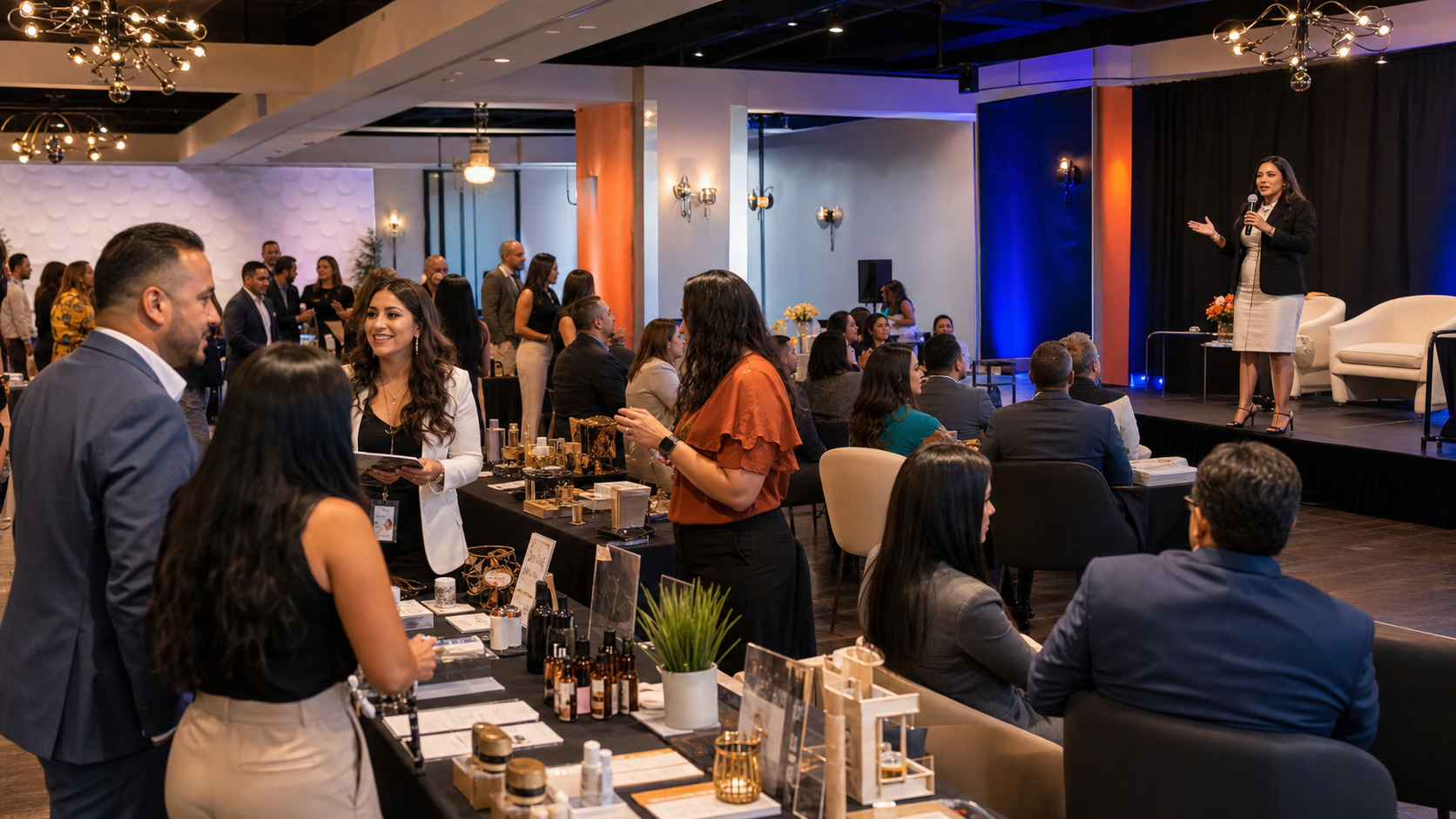 Business expo and speaker moment at a professional networking event