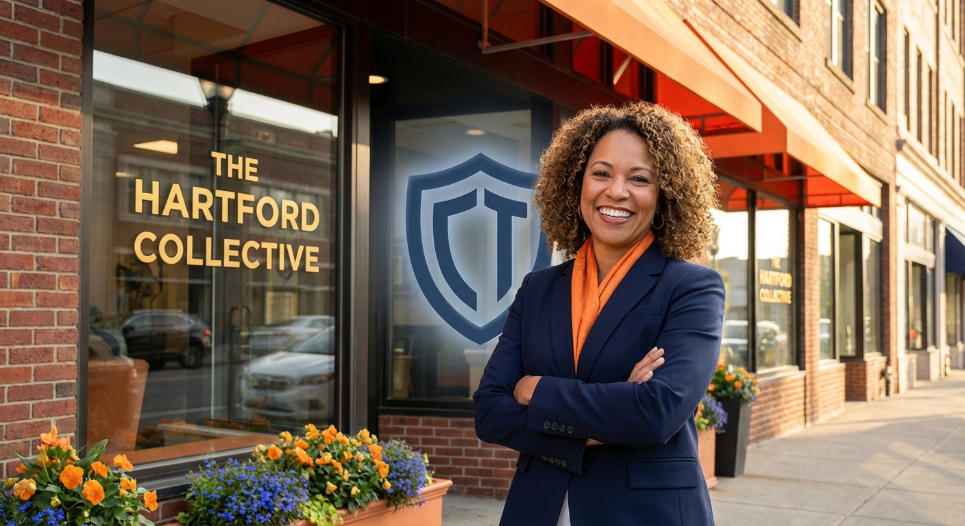 Confident Connecticut small business owner standing in front of their protected storefront
