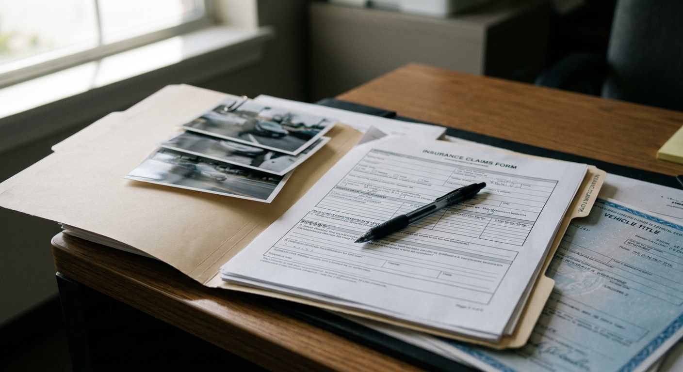 Insurance claims file folder with dealer policy documents and adjuster notes on a desk